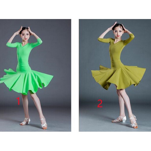 Kids olive green Ballroom latin Dance dress for girls kids without fishbone skirts regulations competition stage performance outfits latin performance costumes